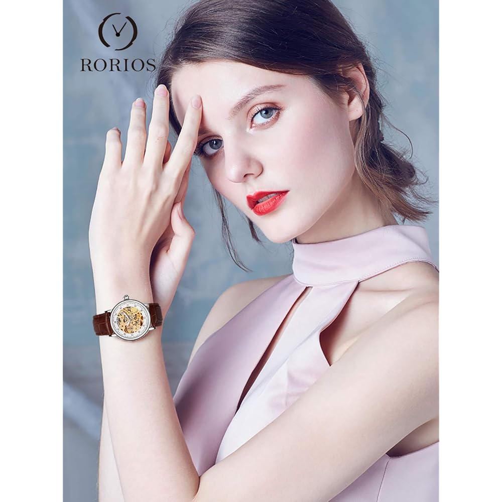 Rorios Women's Automatic Mechanical Watch Leather Skeleton Design Luminous Clover Business Watch White and Brown