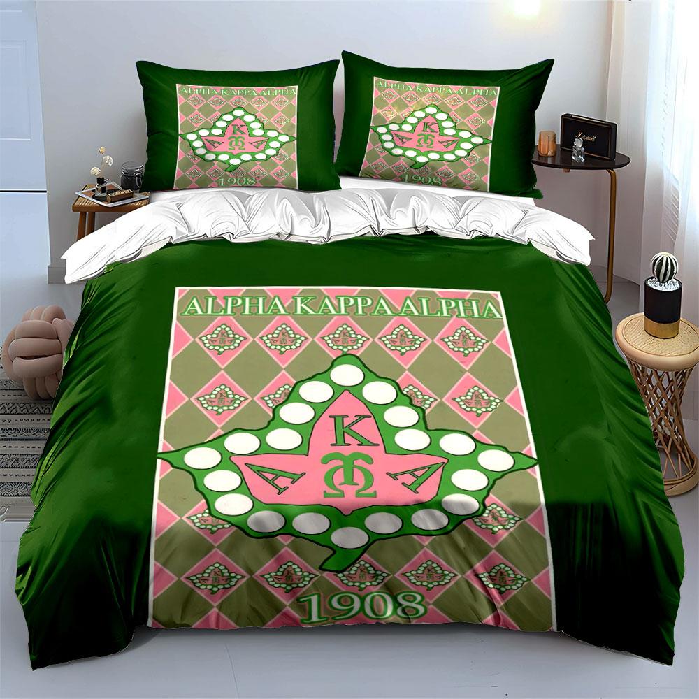 3Pcs AKA Sorority Leaf Diamond Bedding Set Pink Green Greek Fraternity Print Duvet Cover 2 Pillowcases Single Double Gift