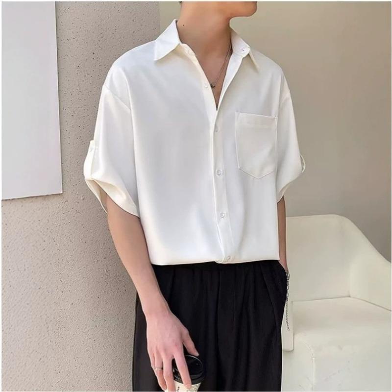Mens Casual Loose Solid Thin Ice Silk Short Sleeve Shirt