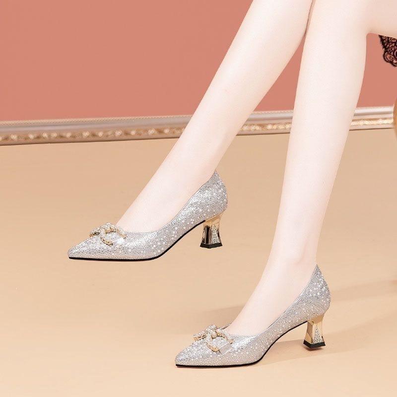 Specht Strass spitz High Heel Pumps Damen Neu Mittelhoher Absatz Temperament Dicker Absatz Schuhe Flacher Mund Damenschuhe