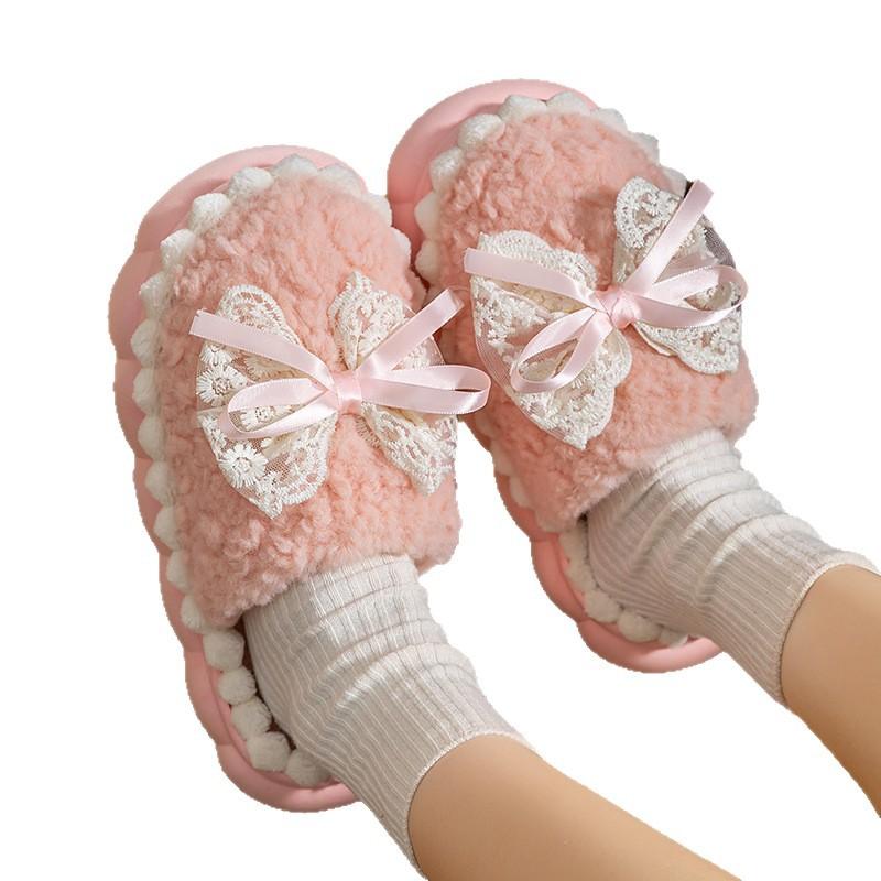 Winter Warm Fur Slippers For Women Thick-Soled Household Slippers Cute Bow Non Slip Soft Home Shoes Indoor Plush Women's Slipper