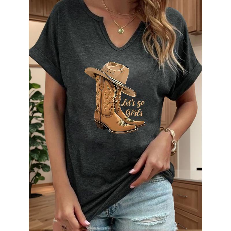 Let's Go Girls Cowboy Boots Letter Print Women T Shirt Short Roll-up Sleeve V-Neck Summer Casual Top T-shirts for Women