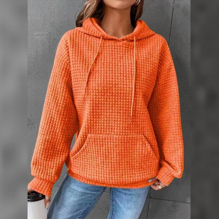 Solid Color Women Long Sleeve Pullover Hoodie with Pocket Plaid Round Neck
