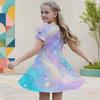 Girls Round Neck Flutter Short Sleeve A Line Flared Hem Printed Dress Black Green Gold