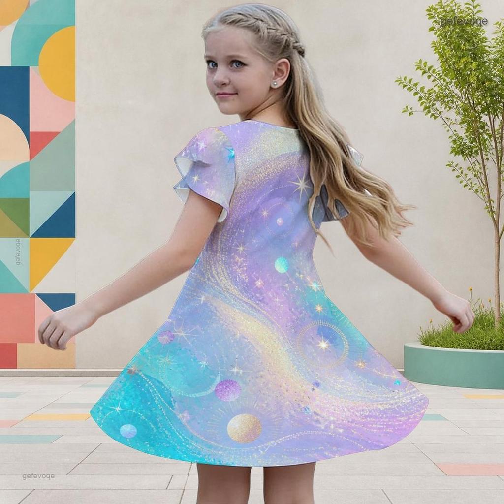 Girls Round Neck Flutter Short Sleeve A Line Flared Hem Printed Dress Black Green Gold