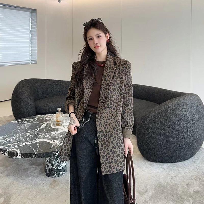 Plus Size Leopard Print Mid-Length Casual Blazer for Women - Spring Fashion