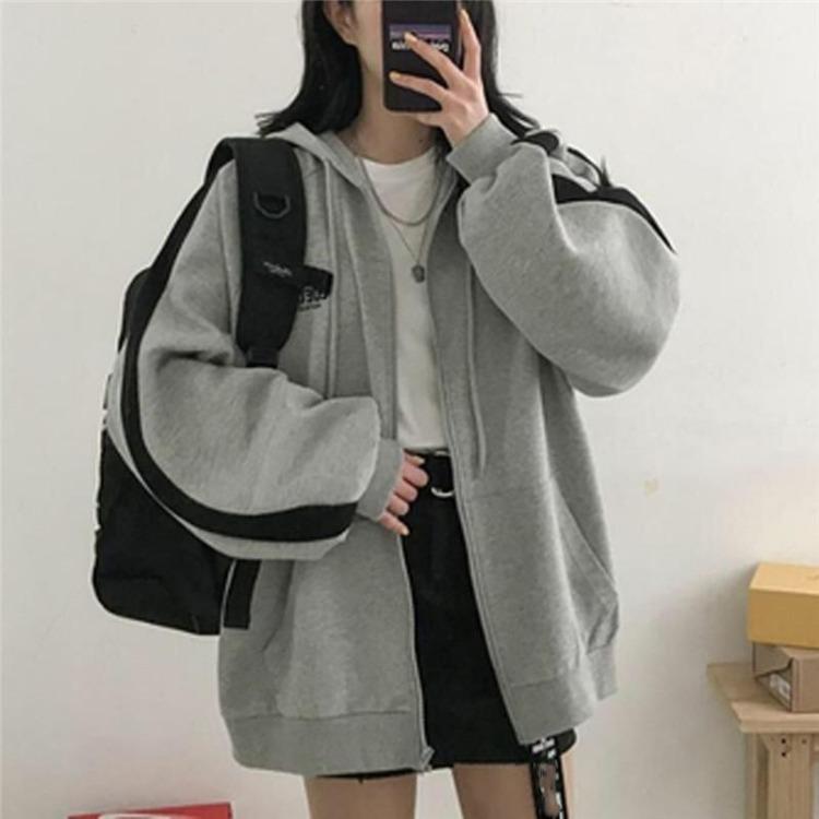 Oversized Women Hoodie Zip Up Hooded Sweatshirt Long Sleeve Pocket Jacket Top Solid Color