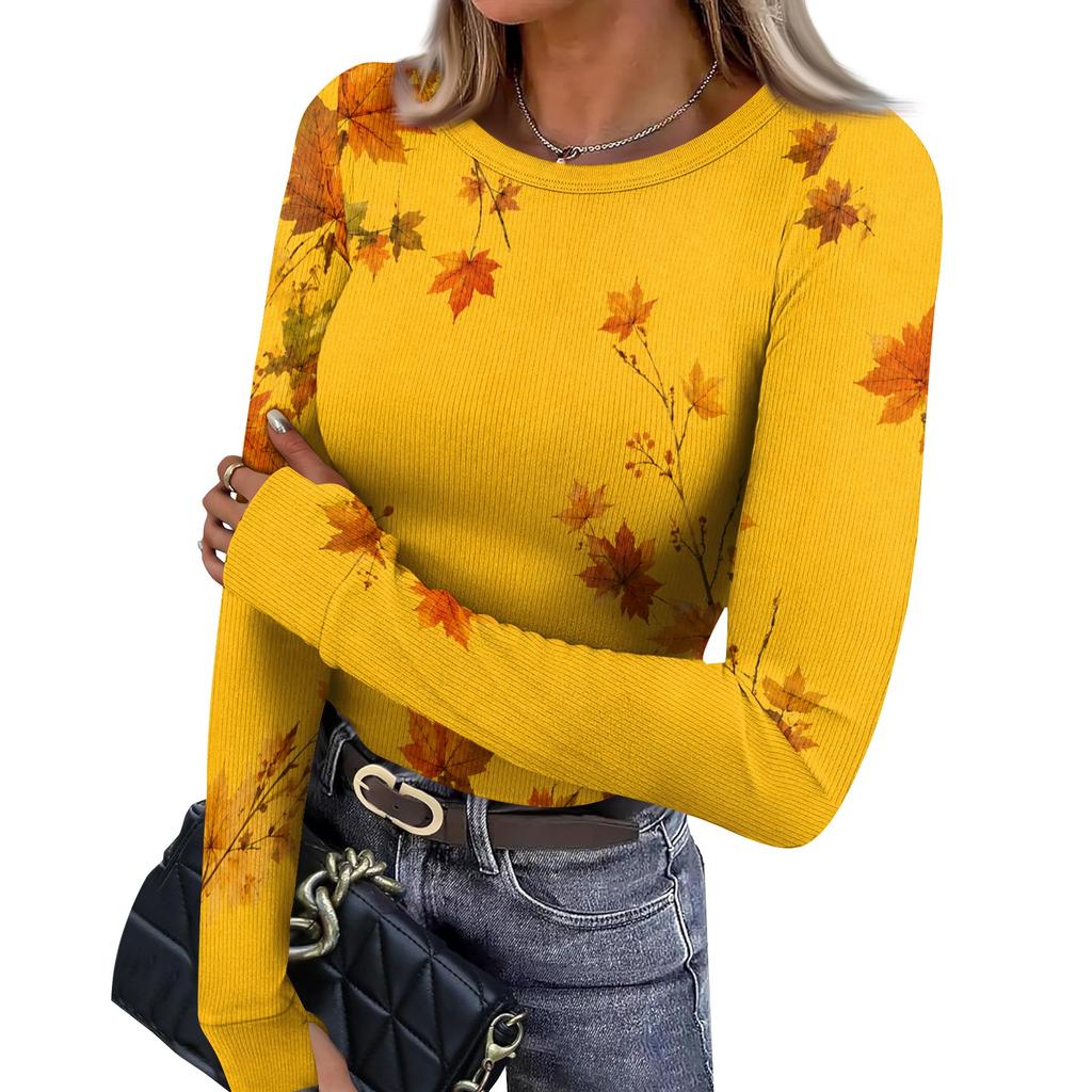 Women's Slim Fit Long Sleeve Neck T-Shirt with Leaf Print and Thumb Holes for Casual Everyday Wear