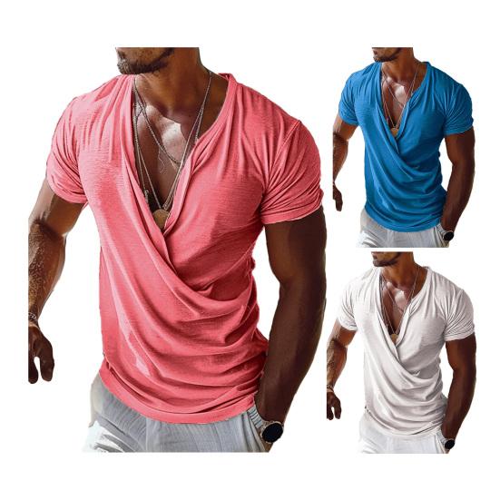Yousheng Men T-shirt V-neck Short Sleeve Casual Tops Loose Fit Solid Color Breathable Fabric Pullover Tops Home Gym Street Wear