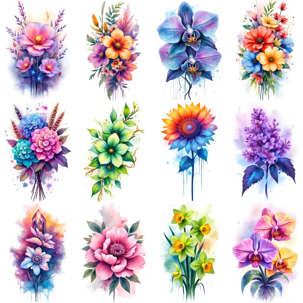 12pcs Temporary Tattoo Colorful Bouquet Temporary Tattoo Stickers Floral Designs Butterfly Illustrations Mixed Flower For