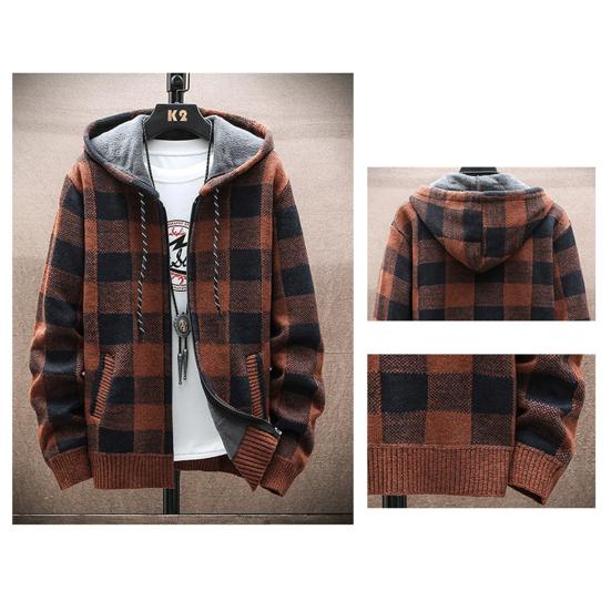 Herbst Winter Herren Mantel Reißverschluss Strick Langarm Dicker Plüsch Kariert Print Kapuzen Oberbekleidung Locker Doppeltaschen Täglich Sport Outdoor Arbeit Hoodie