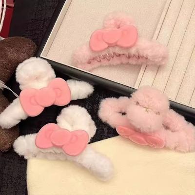 Autumn and Winter Pink Plush Bow Grab Clip Female Sweet Girl Hairpin Temperament Shark Clip Hair Accessories