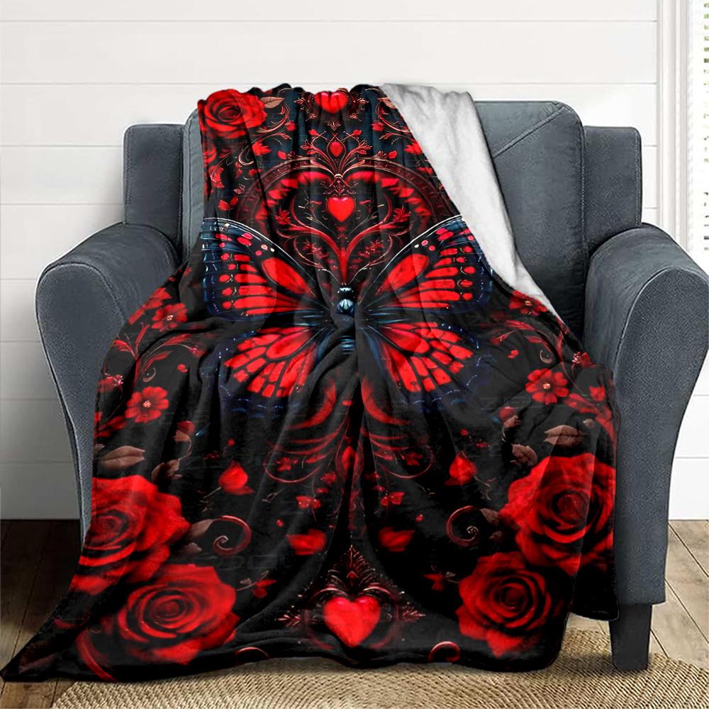 1pc Red Butterfly Roses Blanket Lightweight Flannel Blanket Throw Blanket For Sofa, Bed, Travel, Camping, Livingroom, Office, Couch, Chair, And Bed Yy
