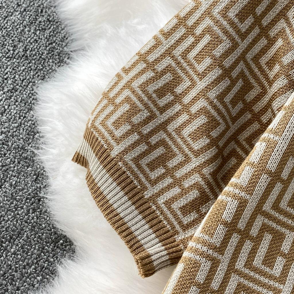 Summer Women Designer Print Knitted Sweater Trouser Two Piece Set Short Sleeve Pullover Tops and Wide Leg Pleated Pant Set