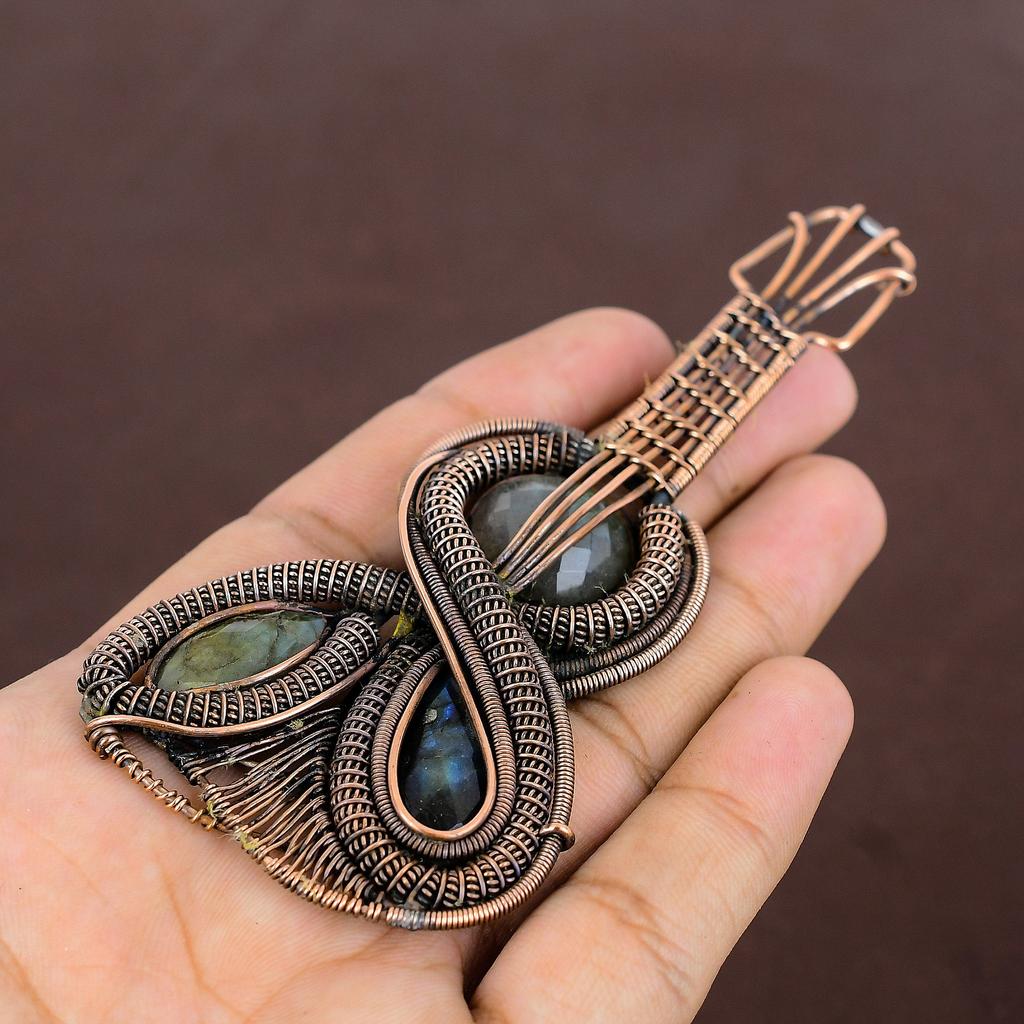 Labradorite Handmade Copper Wire Wrapped Guitar Pendant 4.3" I5I03