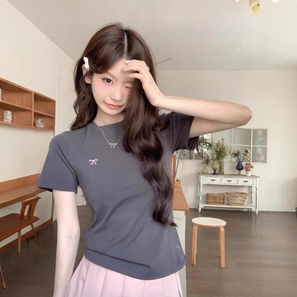 Women's 2025 Korean Style Bowknot Embroidered Slim Fit T-Shirt, Short Sleeve, Round Neck