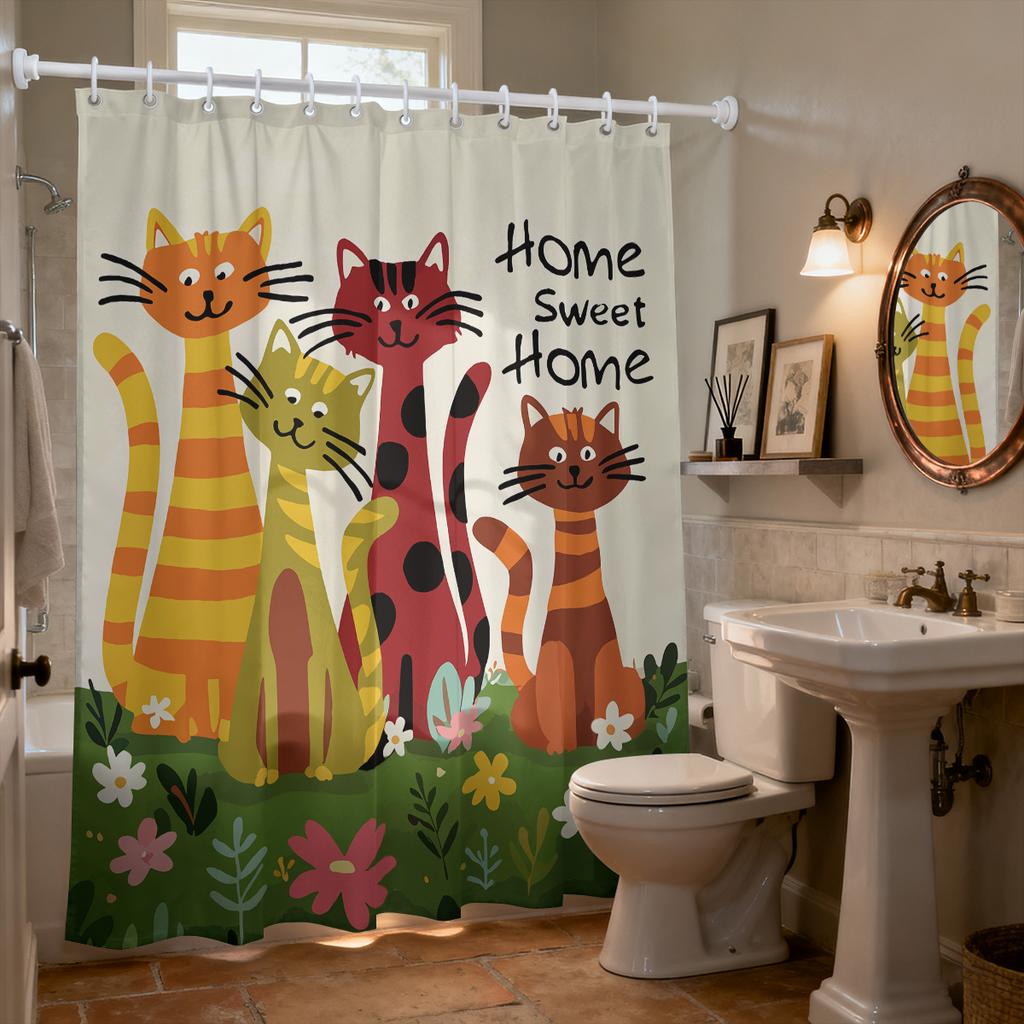 1pc Cute Cartoon Cat Printed Waterproof Shower Curtain Partition Privacy Hanging Curtain with 12 Hooks Multiple Sizes