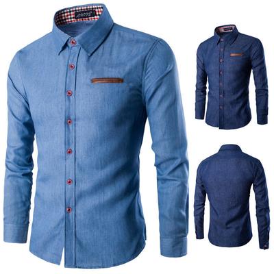 Mens Denim Shirts Long Sleeve Men Dress Shirt Fashion Slim Fit Style Navy Blue Jeans Male Shirt Longsleeve Shirt For Men