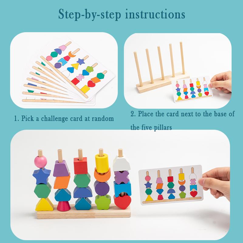 Wooden Children's Colorful Color Sorting Toys, Rainbow Sets of Columns, Shape Stringing Matching, Educational Building Blocks