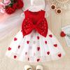 Vară Rochie Nouă Stil Prințesă pentru Fete Roșu și Alb Inimă Fundă Stil Vivace Drăguț