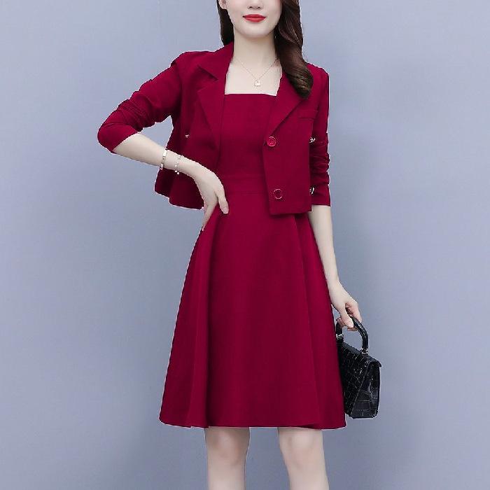 

Женский костюм-двойка: Весна/Осень Стильный облегающий комплект из юбки и пиджака большого размера M вино красного