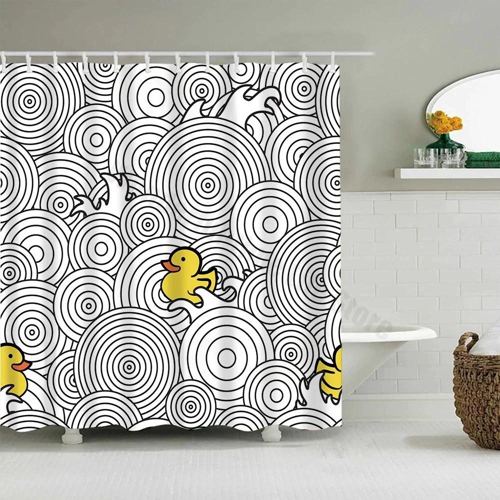 Cute Little Yellow Duck Shower Curtain Cartoon Funny Smiley Face Bathroom Waterproof Bath Duck Fabric 12 Hooks Bathroom Decor