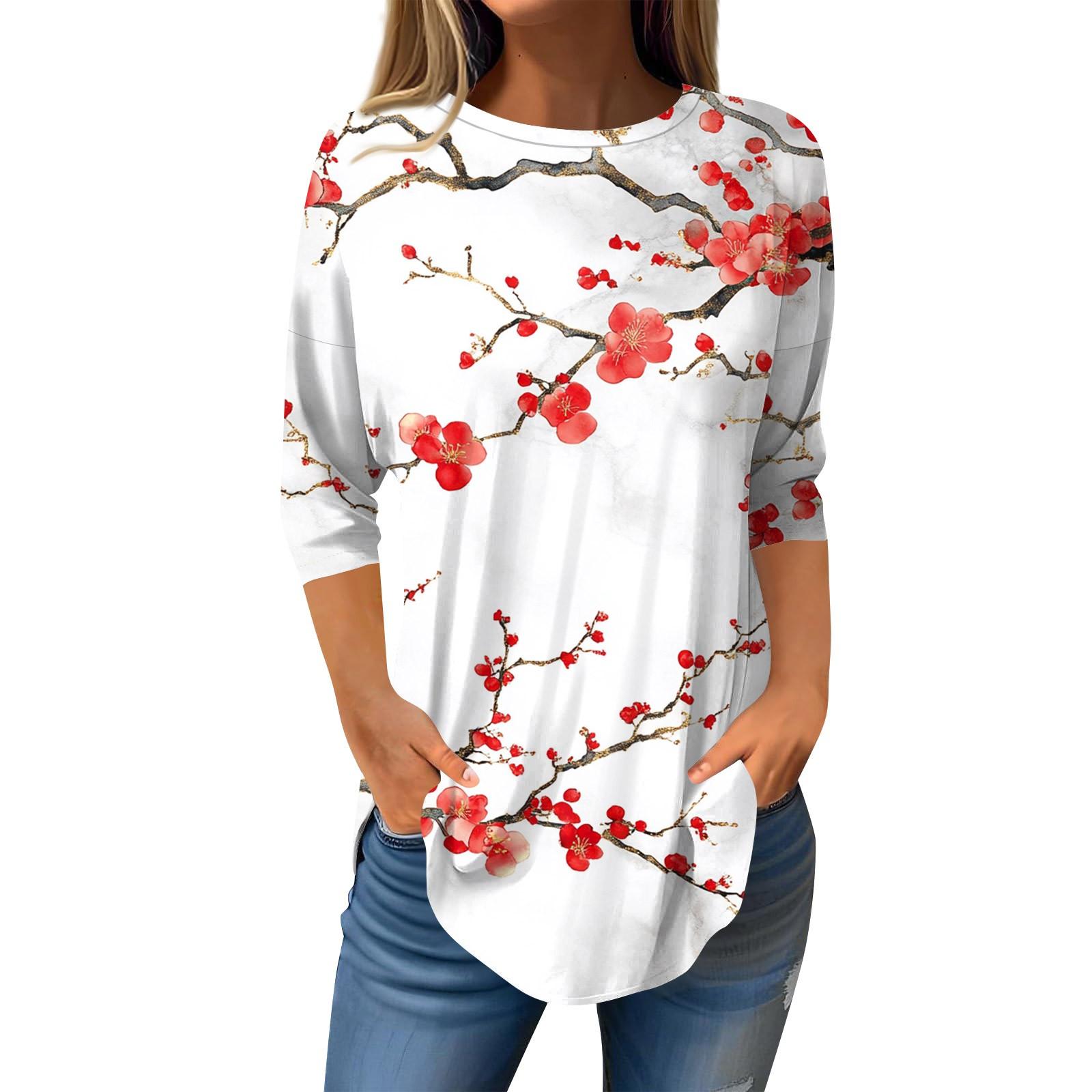 

Рубашки с рукавом 3/4 для женщин, милые топы, футболки с рисунком, блузки, повседневные базовые топы больших размеров, пуловеры XL белый