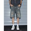 JYL Men's Denim Shorts American Vintage Ripped Summer Loose Trendy Casual Fifth Pants