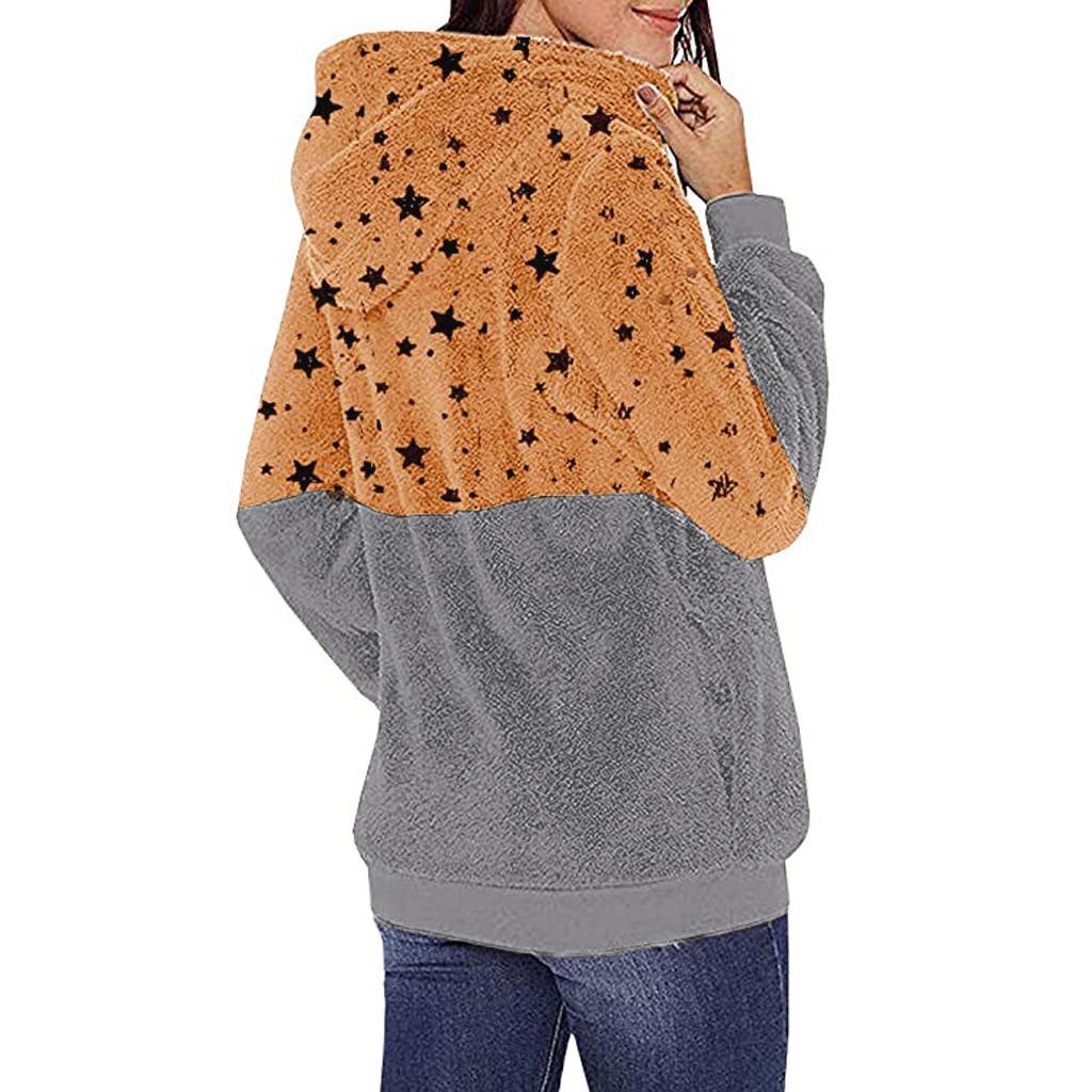Women Plus Size Hooded Sweatshirt Star Winter Warm Zipper Pockets Coat Outwear