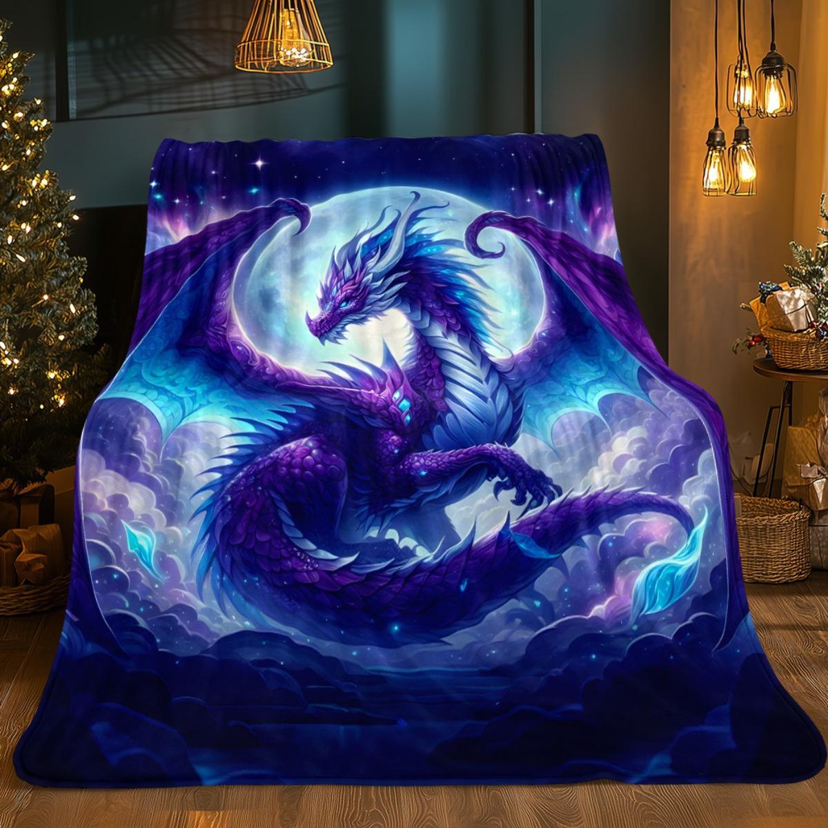

Cosmic Dragon-like Creature Flannel Blanket - Ultra-Soft Heavyweight 280GSM All-Season Throw in Deep Blue & Purple Galaxy Design 70x100cm