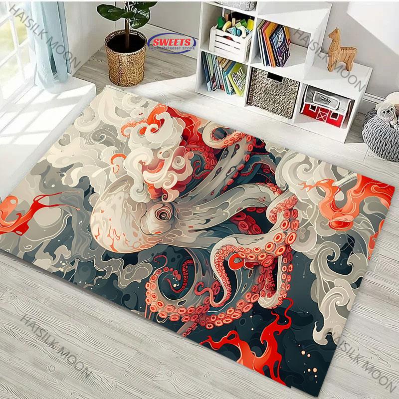 Japanese Octopus Painting Area Rug Non Slip Carpet for Bedroom Living Room Office Unique Floor Mat Home Decor