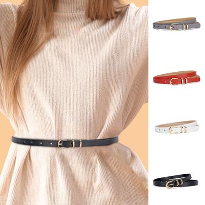 Women Belt Adjustable Multi Holes Design Thin Belt Faux Leather Pin Buckle Belt Solid Color Jeans Pants