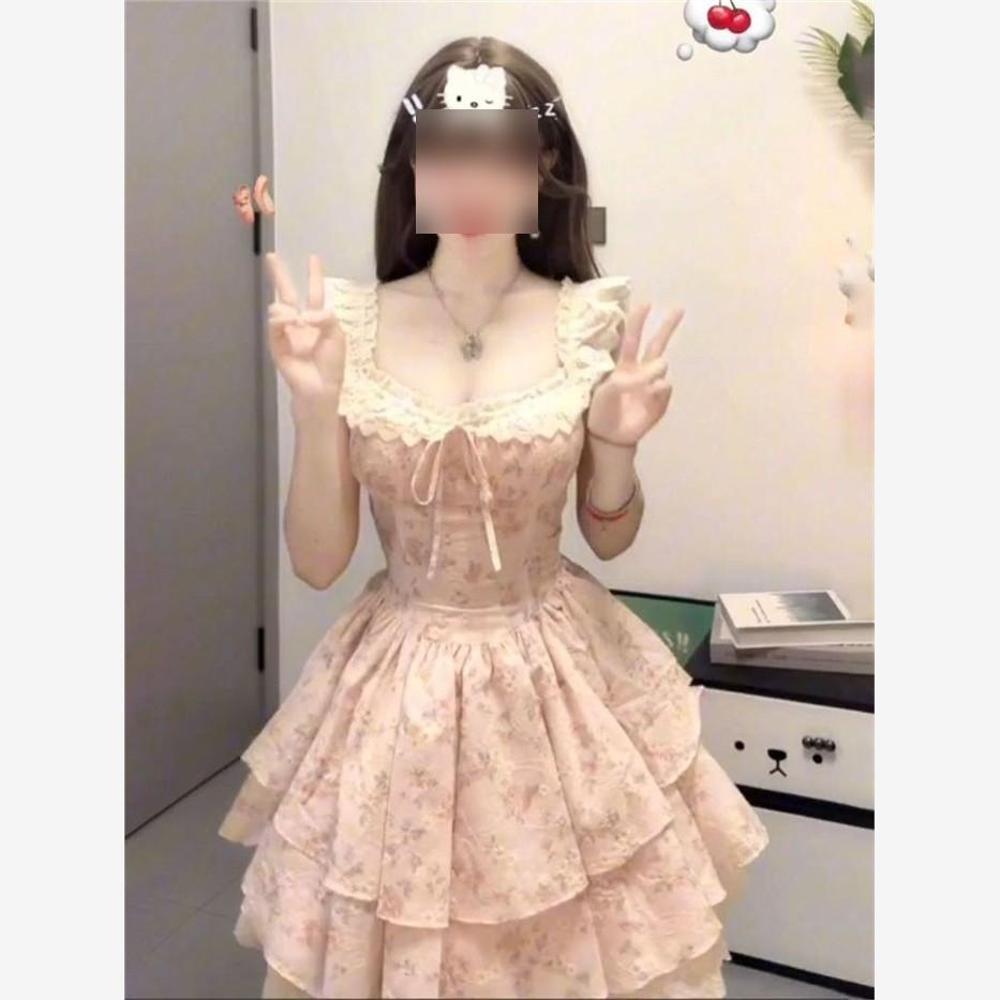 French Sweet Floral Dress Summer New Small Flying Sleeves Puffy Skirt Waist Thin Fairy Short Skirt Japanese Women