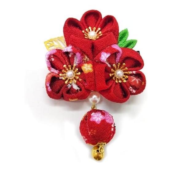 Doscpe Handmade Tsumami Zaiku Hair Accessory for Girls - Traditional Japanese Flower Clip with Bells and Pearls for Shichi-Go-San, Coming of Age