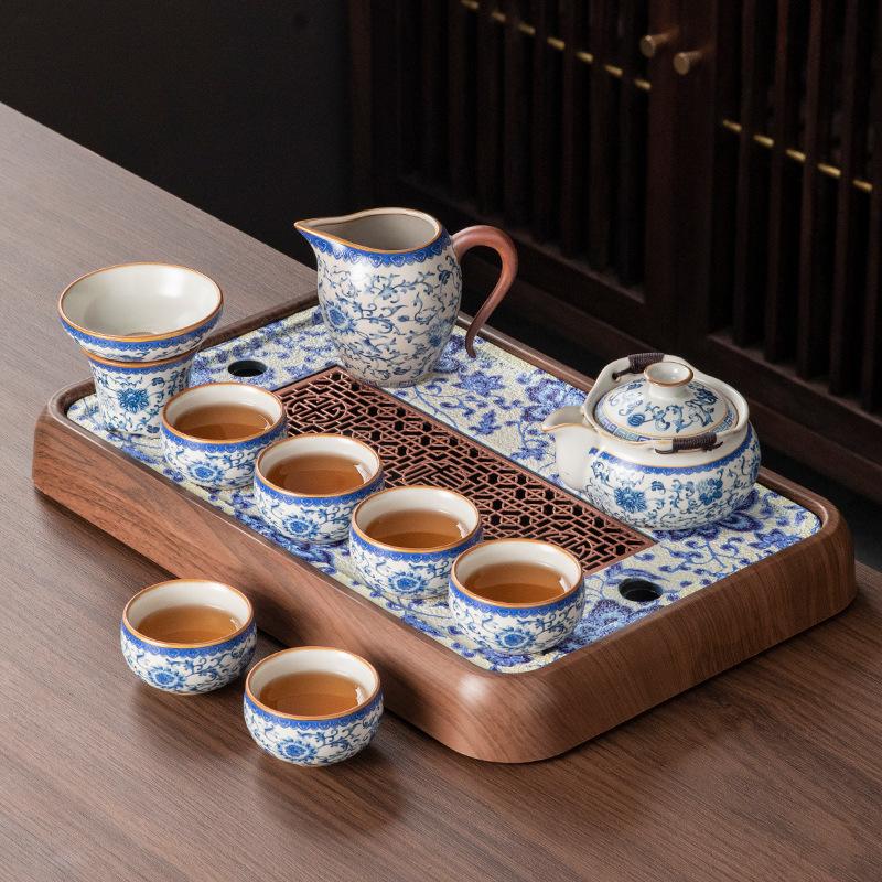 New Ru Kiln Kung Fu Tea Set Home Office Ceramic Teapot Teacup Tea Tray Tea Table A complete set