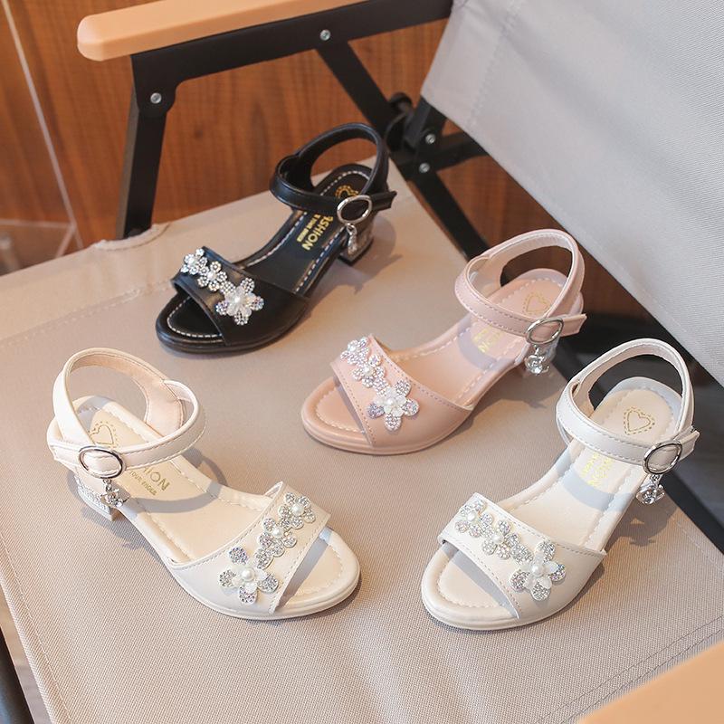 Girls’ Rhinestone Flower High Heel Sandals – Non-slip Soft Sole for Summer & Dance