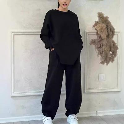 2024 Women's Casual Solid Color Round Neck Long-Sleeve Pocket Sweatshirt Set