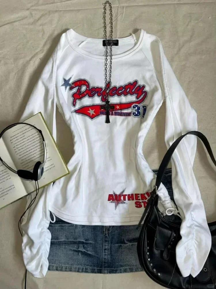 VAYLA Vintage Y2k Women T-shirts White Grunge Graphic Long Sleeve T-shirts Harajuku 2000s Aesthetic Streetwear American Retro