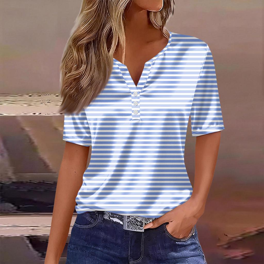 Damesmode Casual Gestreept Print Kraag Korte Mouw Knopen T-shirt