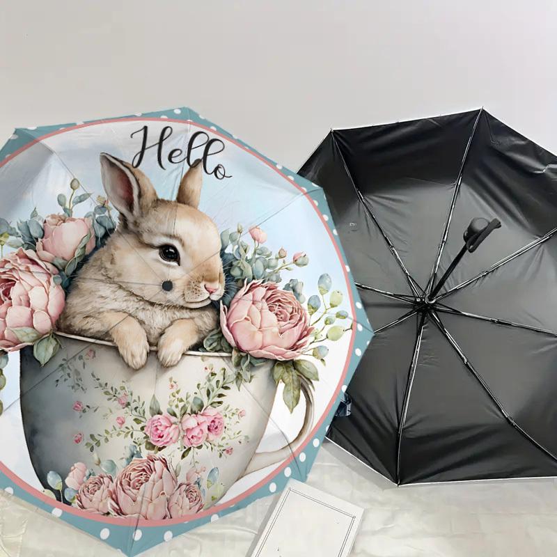 1PC Rabbit Teacup Umbrella-8-Rib Reinforced, Automatic Open, Lightweight & Durable, Cute Fashion Accessory for Outdoor, Beach, or Casual Use, Beach Um