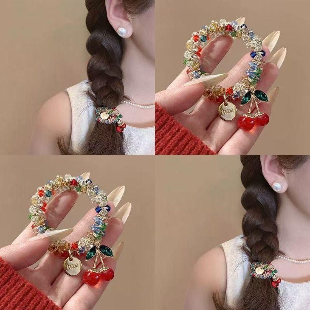 Cherry Cherry Bracelet Rhinestone Ponytail Holder Chic Hair Ties Decorative  Women and Girls
