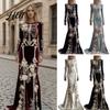 Weiches Samtkleid Damen Skelettdruck Maxikleid, Gothic Langarm mit Totenkopf Formell 3D Blumendekor, Floral für Halloween Kostümparty