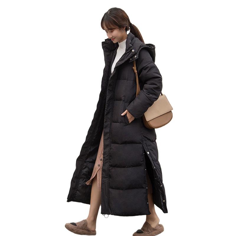 Chaqueta Acolchada con Capucha Versión Coreana Gruesa Holgada Talla Grande Larga hasta la Rodilla para Mujer