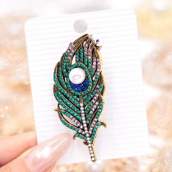 Feather Design Pin Vintage Peacock Brooch, Faux Pearl Rhinstone Lapel Retro Jewelry Pin, Clothing Accessories for Wedding Party Prom