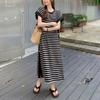 Casual Button Split Striped Dresses Female Clothing Loose Korean Patchwork Short Sleeve Summer O-Neck Basic Straight Midi Dress