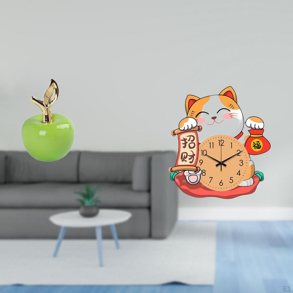 Ceramic Figurine Fruit Sculpture Ornament And Cat Wall Clock Non Ticking Silent Hanging for