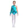 Mädchen Glitzernde Pailletten Tanzleotard Feder Tüll Rockdesign Asymmetrische Schulter Langarm Mock Neck Body
