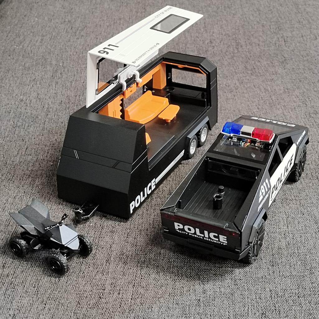 1/32 Tesla Police Cybertruck Trailer Off Road Pickup Truck Diecast Model Car Alloy Children's Toy RV Sound & Light Music Birthday Gift