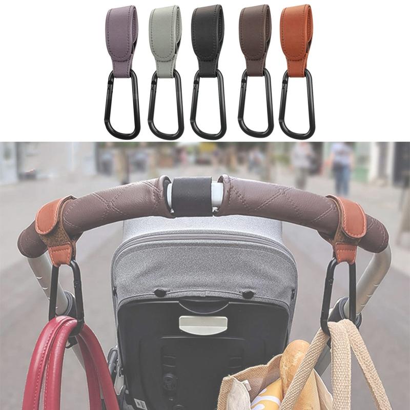 Convenient Baby Stroller Hooks Clips Stroller Accessories Aluminum Alloy Carabiner for Hanging Diaper Bags PU Leather