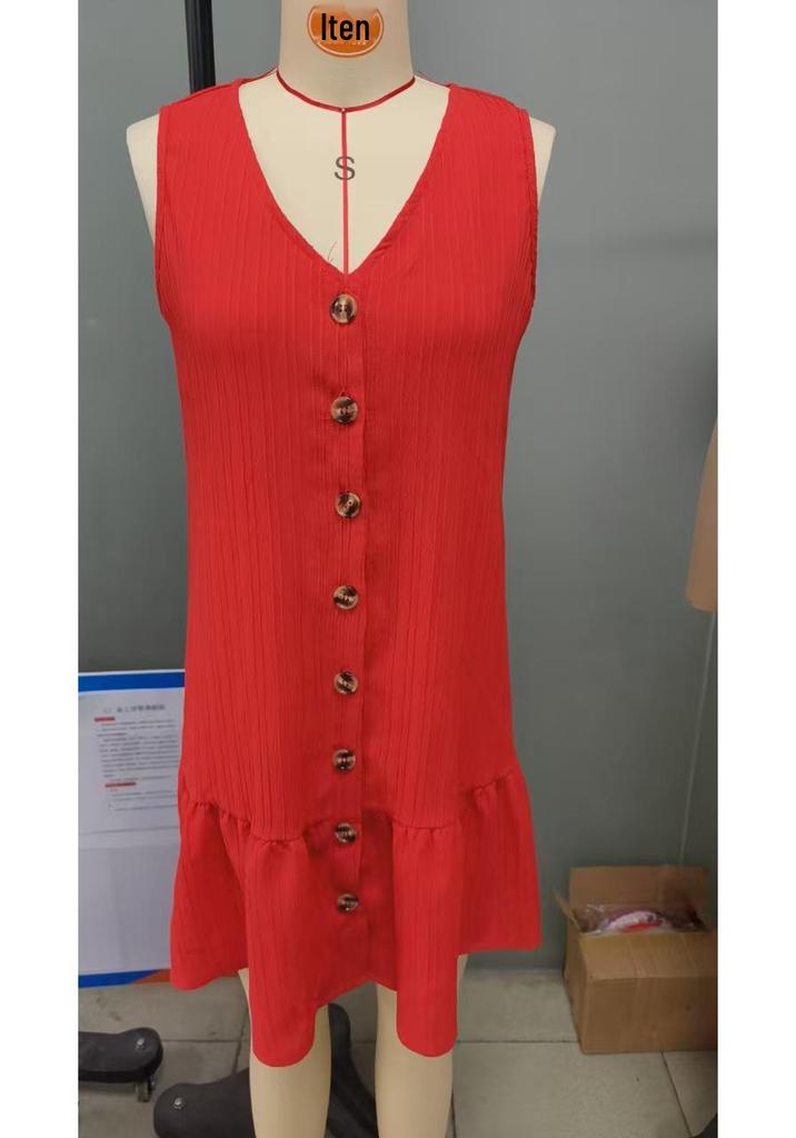 2025 Summer European & American V-neck Solid Color Sleeveless Slimming Dress for Women